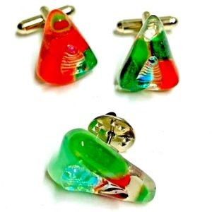 Gorgeous ART GLASS Cufflinks & Tie Tack